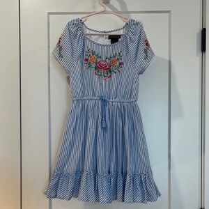 Cynthia Rowley Blue White Striped Dress with Floral Embroidered Design, Size 8